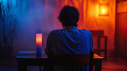 Fototapeta premium A lonely man silently looking at the candle. The light within oneself shines in the darkness.