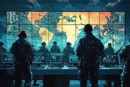 Strategic Military Planning in a High-Tech Command Center - Cartoon Soldiers Plotting Assault Tactics and Defensive Strategies Amid Technology Surrounded by Monitors and Gadgets