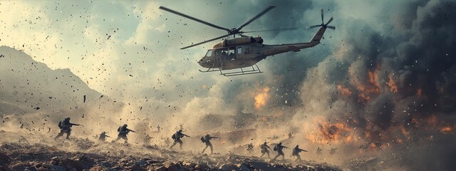12080122 275 Cartoon of a military helicopter flying over a battlefield with troops below --ar 7:3 --quality 2 --stylize 250 --v 6.1 Job ID: 4687fce2-d738-4139-9c78-4153fe709729