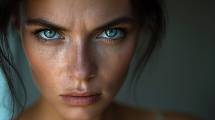 Fototapeta premium Intense close-up of a woman's piercing blue eyes, showcasing deep emotion and striking beauty, with a serious and focused expression.