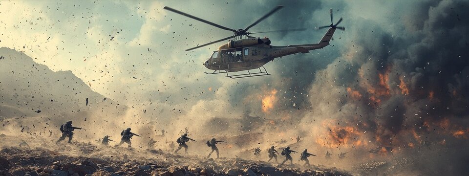 12080122 275 Cartoon of a military helicopter flying over a battlefield with troops below --ar 7:3 --quality 2 --stylize 250 --v 6.1 Job ID: 4687fce2-d738-4139-9c78-4153fe709729