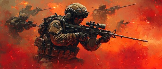 Obraz premium Brave Soldier Leading Squad in Intense Combat - Cartoon Illustration of Military Commanding Officer in Tactical Gear