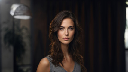 Fototapeta premium Radiant young brunette model with flawless skin, natural makeup, gazing at camera. Studio shot with copy space. Ideal for beauty, cosmetic, and skincare campaigns
