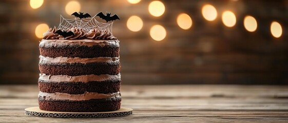 A layered cake with rich, dark frosting, decorated with edible spider webs and bats, set on a wooden table with warm ambient lighting, cozy, rustic aesthetic, hyper-realistic