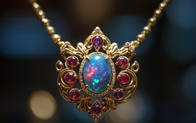 Elegant Golden Necklace with Opal Pendant and Surrounding Gemstones for Luxury Fashion