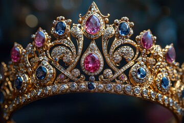 Fototapeta premium Shimmering Golden Tiara Adorned with Rubies, Sapphires, and Diamonds - Regal Jewelry Close-Up