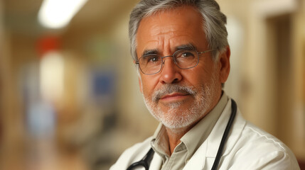 Fototapeta premium Senior doctor with glasses and a stethoscope, exuding experience and compassion in a hospital corridor, representing dedication to healthcare and patient care.