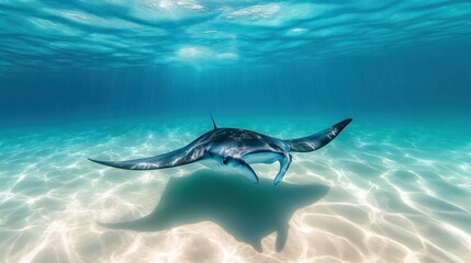 Manta Ray Gracefully Gliding Through Crystal Clear Water