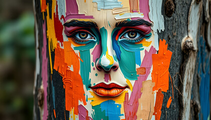 Abstract colorful Portrait of Human face on wood bark. Bold Brush.