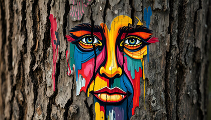 Abstract colorful Portrait of Human face on wood bark. Bold Brush.