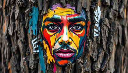 Abstract colorful Portrait of Human face on wood bark. Bold Brush.