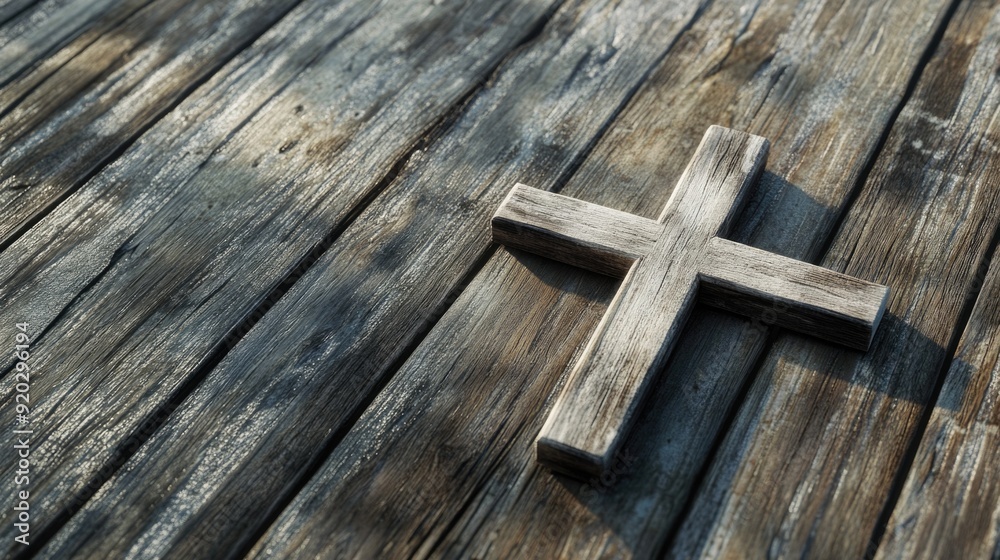 Wall mural Wooden cross on wooden floor