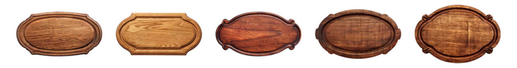 Collection of carved wooden nameplate or signboard isolated on a transparent background, cut-out, PNG