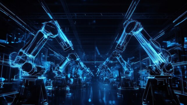 Futuristic Blue Wireframe Robotic Arms in a Dark Industrial Setting