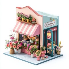3D Render of a cozy florist shop with flower arrangements, vases, and a charming storefront