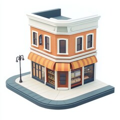 3D Render of a quaint corner store with a vintage façade and display windows