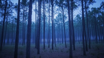 Obraz premium Dense Forest of Tall Pine Trees Bathed in Blue Mist