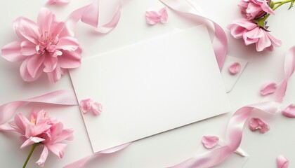 Blank stationery surrounded by pink flowers and ribbons on a white surface