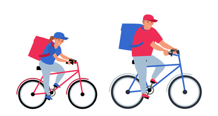 man and woman bike delivery workers couriers with thermal bags vector illustration