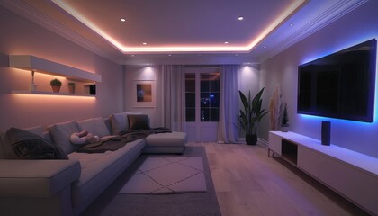 Cozy modern living room with ambient lighting and large TV at night