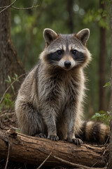 Raccoon Sitting on a Log in the Forest