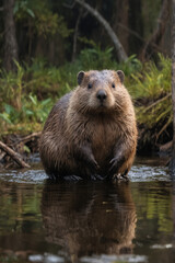 Obraz premium Curious Beaver in Shallow Water