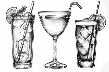 Vintage Drinks Collection. Classic black and white high detailed drink concept