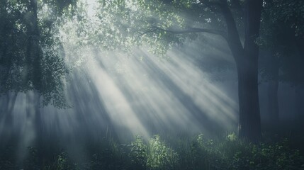 Obraz premium Sunbeams in a Misty Forest