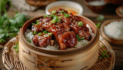 Succulent glazed chicken served on rice in a bamboo steamer with garnishes