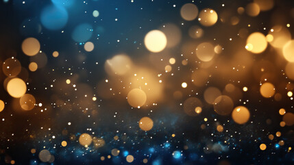 Obraz premium Abstract blue and gold light bokeh background with glow effect, night lights and stars for luxury christmas or new year celebration concept design