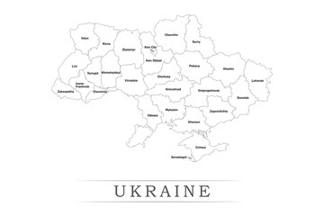 Administrative regions of UKRAINE. Province, state, division name with white map with black outline. Vector illustration	