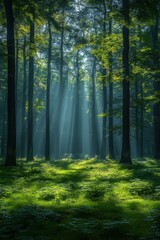 Fototapeta premium Serene Forest with Sun Rays and Mist