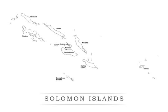 Administrative regions of SOLOMON ISLANDS. Province, state, division name with white map with black outline. Vector illustration	