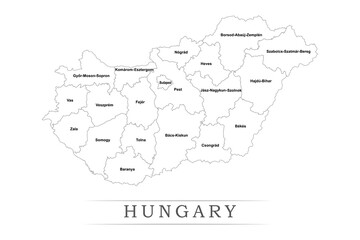 Administrative regions of HUNGARY. Province, state, division name with white map with black outline. Vector illustration	