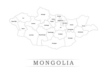 Administrative regions of MONGOLIA. Province, state, division name with white map with black outline. Vector illustration	
