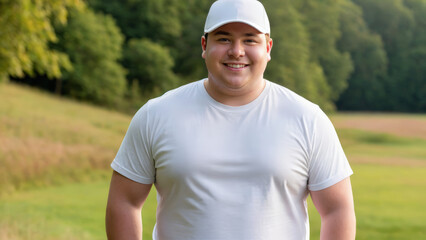Fototapeta premium Plus size young man wearing white t-shirt and white baseball cap standing in nature