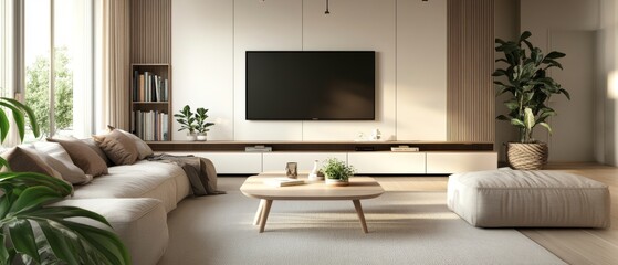 Modern Minimalist Living Room with TV Cabinet and Dining Table Generative AI