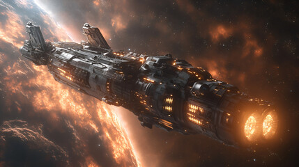 A space station and planet are seen from space against a black background, with a gray moon in the sky. The planet is seen through the glass window of the international Space Station in a photorealist