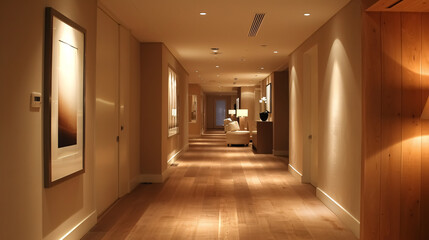 A gallery-style hallway featuring recessed lighting.