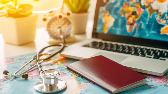 Travel essentials including a laptop with a world map, a passport, and a stethoscope, depicting travel health and global exploration.