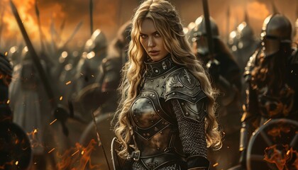 Warrior standing confidently amid a battlefield with flames and soldiers during twilight
