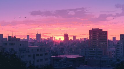 Obraz premium Anime City Rooftop at Dawn