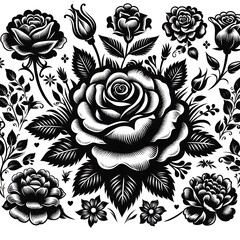 Set of decorative rose with leaves. Flower silhoutte. Vector illustration