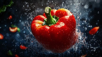 Red Bell Pepper Splashing in Water