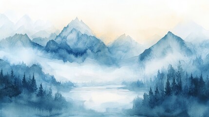 Abstract Watercolor Hand Painted Background of Mountain River Cloud Tree Generative AI
