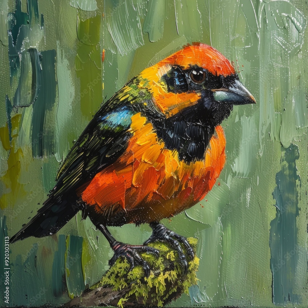 Wall mural Flame-faced Tanager on mossy stick against green background