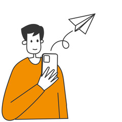 Fototapeta premium hand drawn doodle paper airplane take of and flying from mobile phone illustration