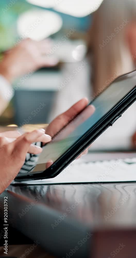 Poster tablet, hands and business person typing email, message or meeting minutes with secretary. digital t