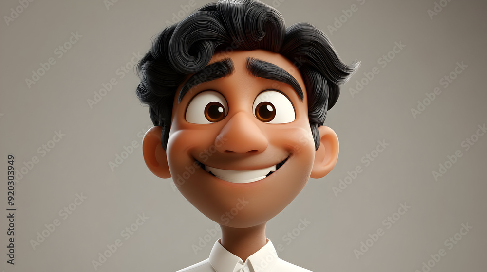 Canvas Prints A cheerful animated character with dark hair and a big smile, dressed in a white shirt.