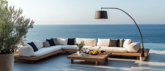 Luxury villa with wooden sofa and sea view, perfect for summer vacation or outdoor relaxation Generative AI